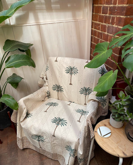 Palm Tree Kantha - Reversible Small Double Size Throw | Handmade, HandPrinted